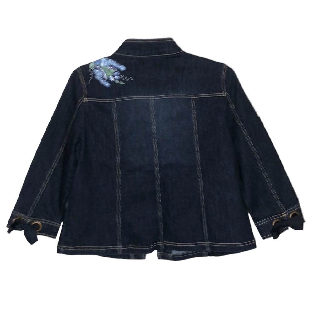 Hand-painted Blue & White Floral Dark Denim Jean Jacket Rivets & Bows - Size L - Picture 2 of 5
